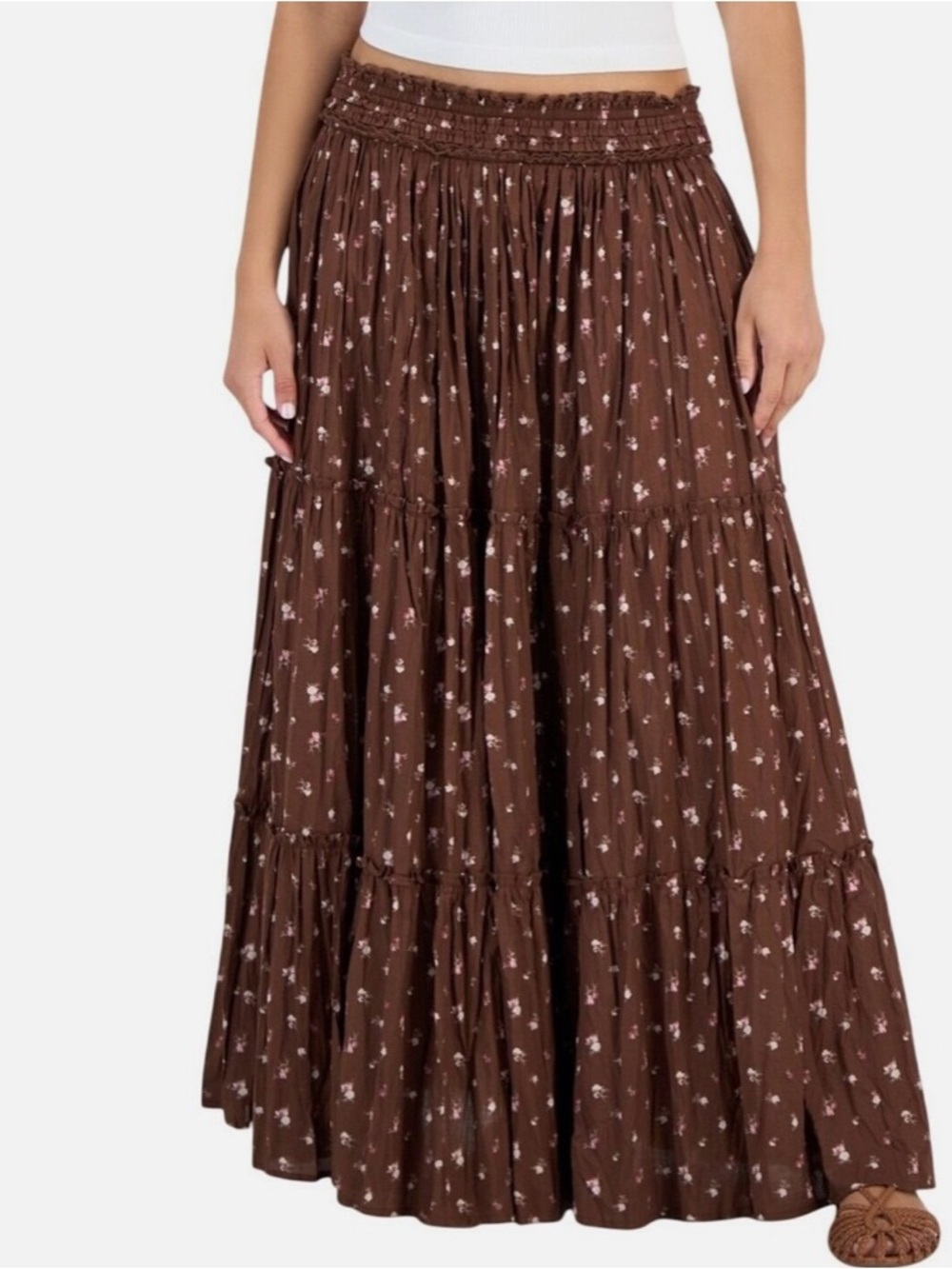Lucky Brand Chocolate Multi Broomstick Tiered Cotton Maxi Skirt in XL